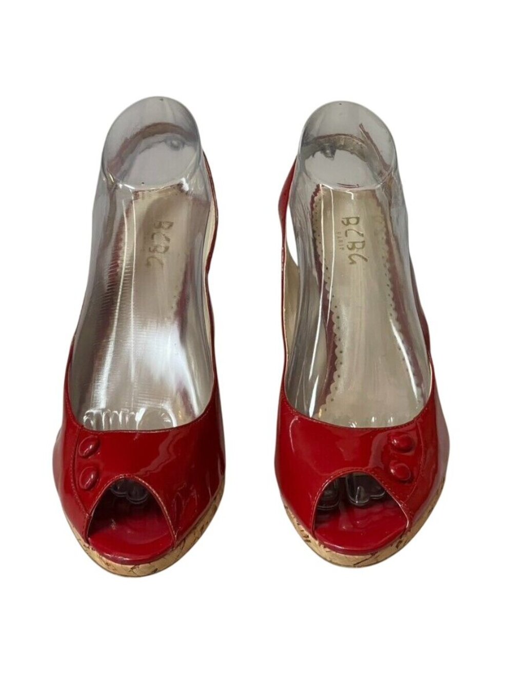 BCBG Paris Red Patent Leather Peep-Toe Slingback Heels With Cork Wedge Size 9B - Picture 2 of 12